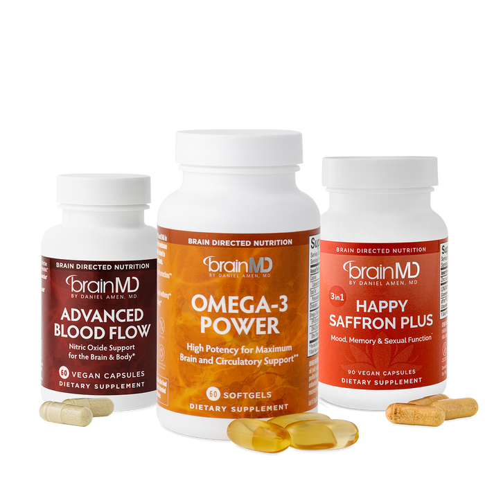 BrainMD 3-in-1 Brain Performance Bundle: 3 supplement bottles of different colors against a transparent background