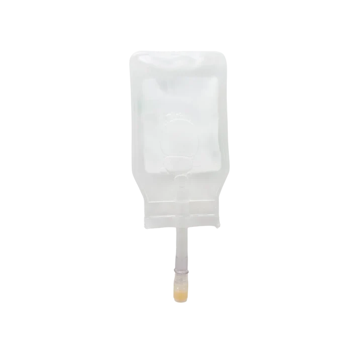 ABT360 Holding Media Adapt with HA,"Clear hanging media bag with tubing and yellow cap"