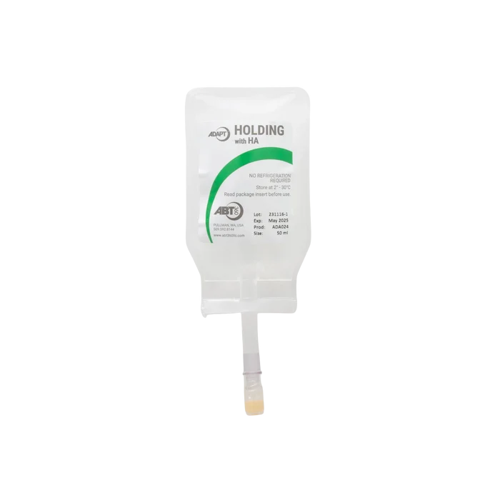 ABT360 Holding Media Adapt with HA,"Clear hanging IV-style pouch with tubing and yellow cap"