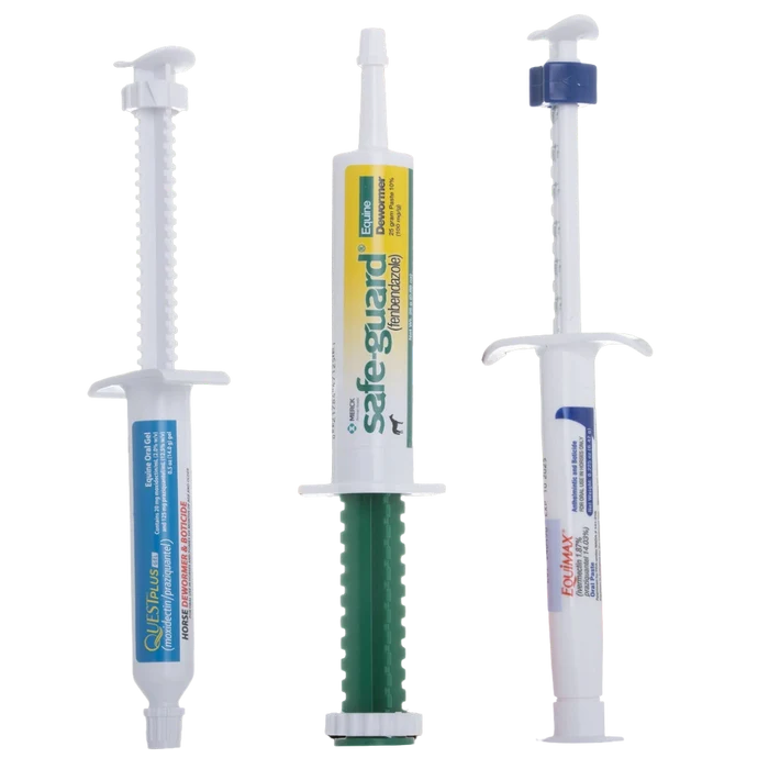 Annual Equine Dewormer Bundle,"Three equine dewormer paste syringes with varied label colors"
