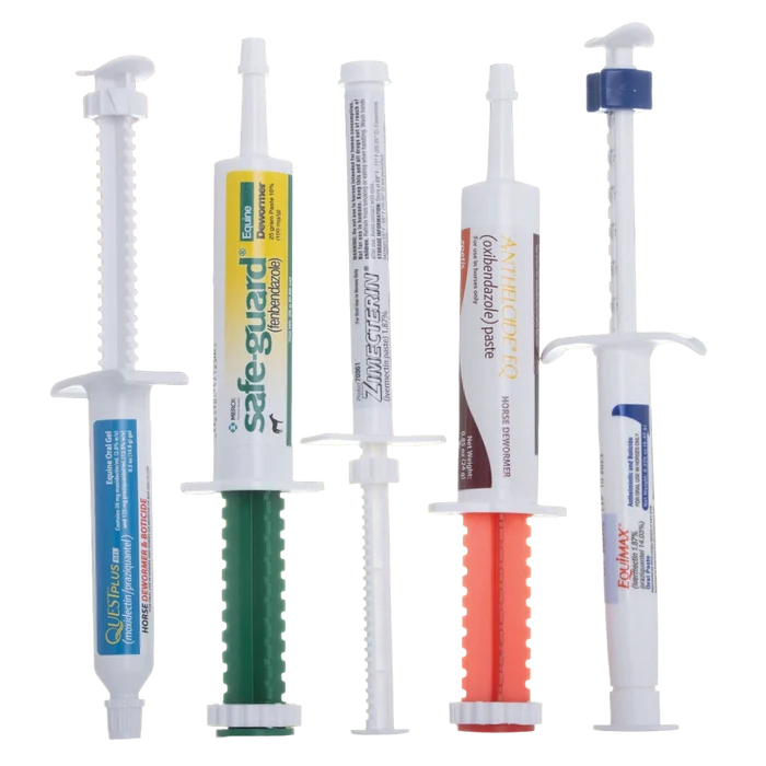 Annual Equine Dewormer Bundle,"Five horse dewormer paste syringes with assorted colored labels"