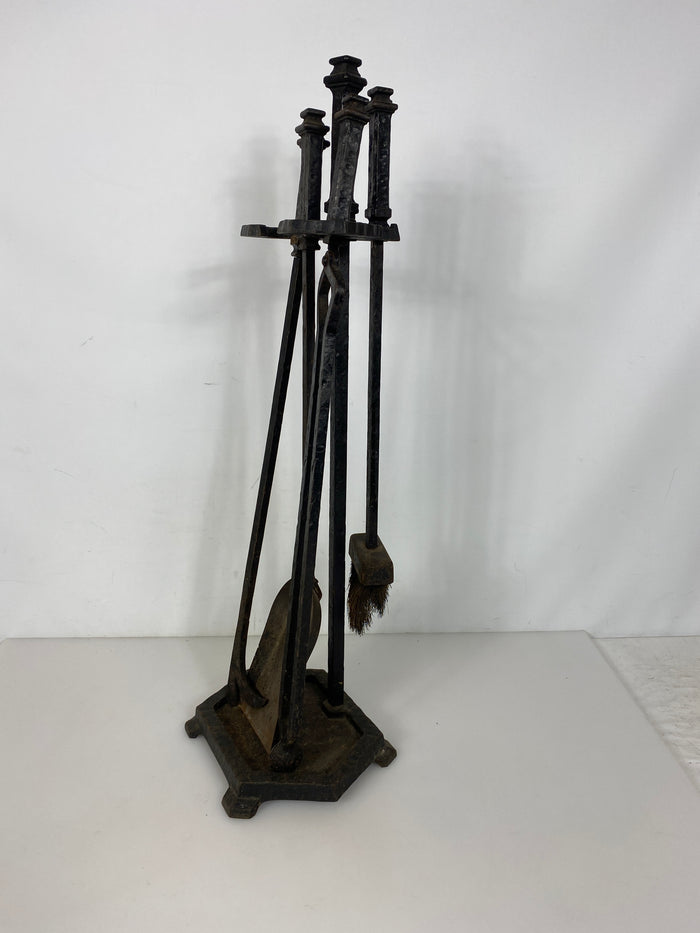 Antique 1800's Hammered Iron 5-Piece Fireplace Set
