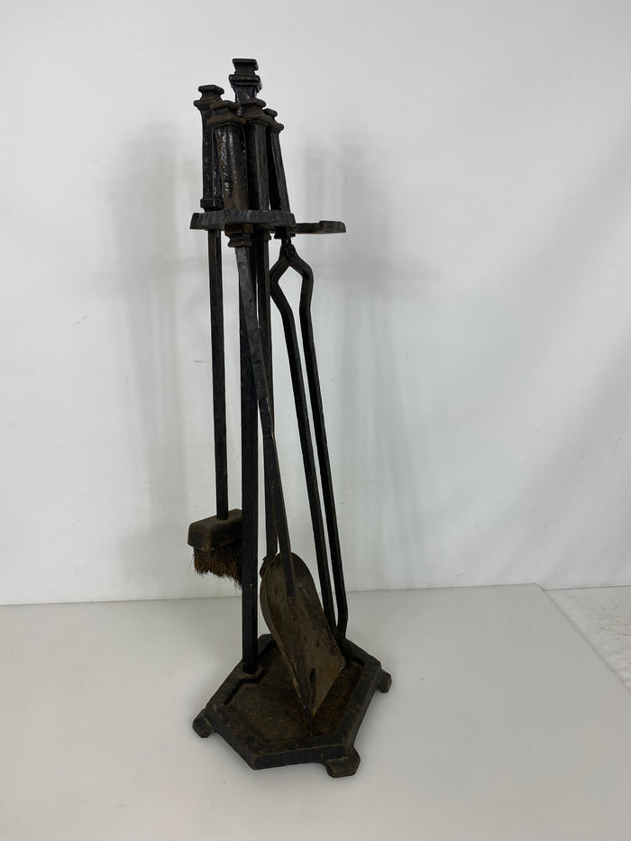 Antique 1800's Hammered Iron 5-Piece Fireplace Set