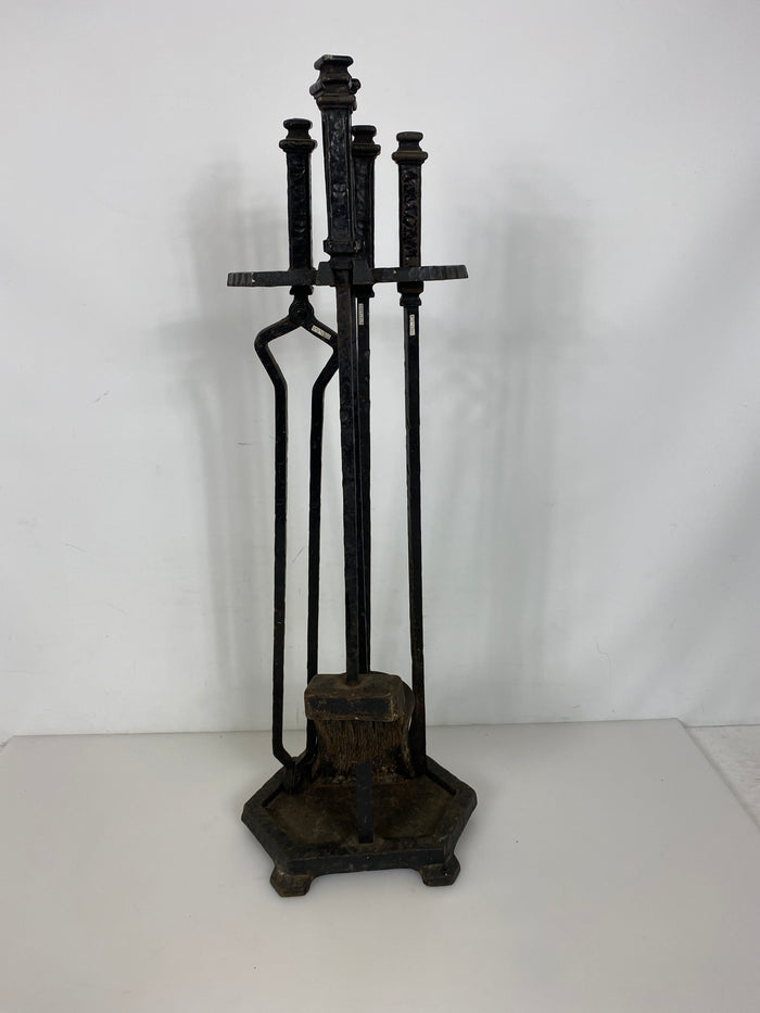 Antique 1800's Hammered Iron 5-Piece Fireplace Set