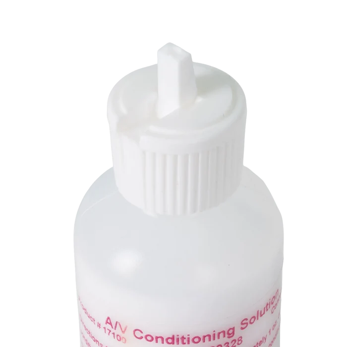 AV Conditioning Solution,"White bottle with ribbed twist cap and nozzle close-up"