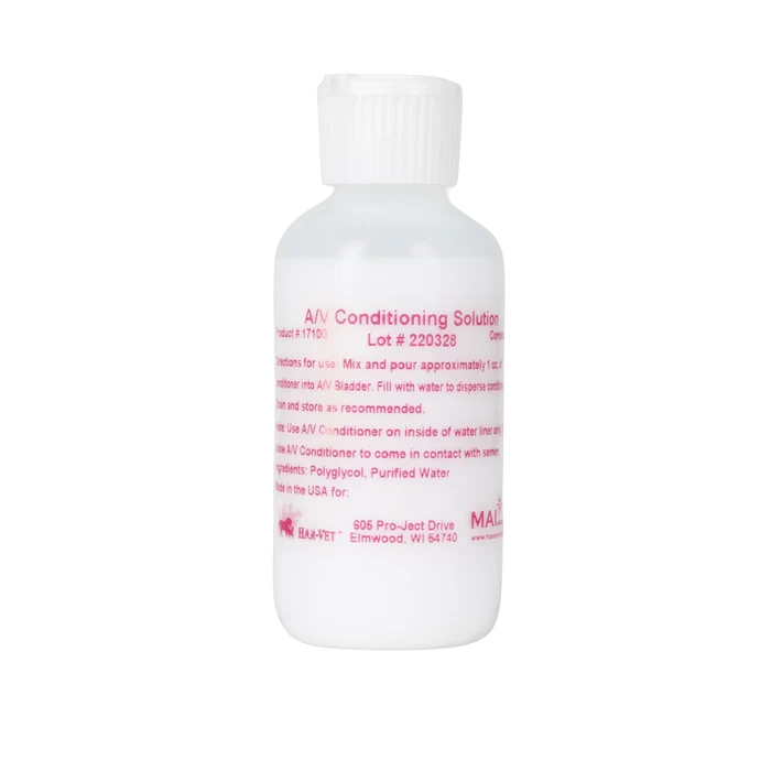 AV Conditioning Solution,"White plastic bottle with ribbed cap and pink label"