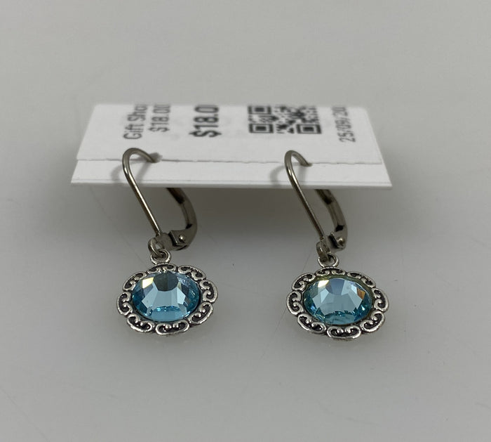 Baked Beads Silver Light Blue Crystal Flower Earrings