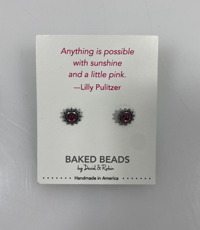 Baked Beads Silver Pink Stud Earrings