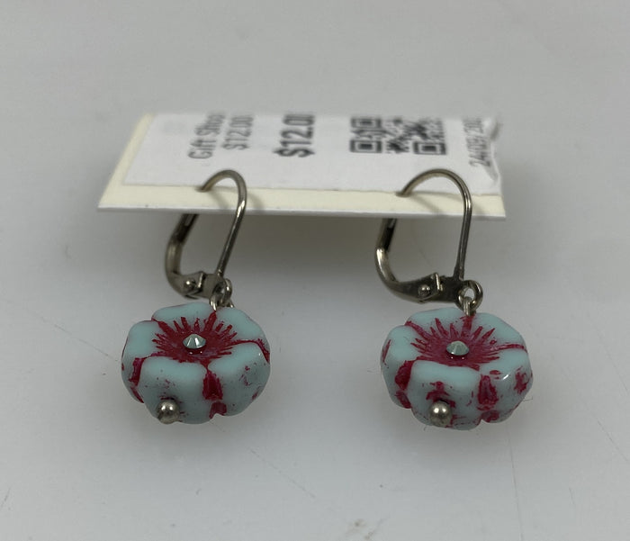 Baked Beads Silver Red and Blue Flower Dangle Earrings