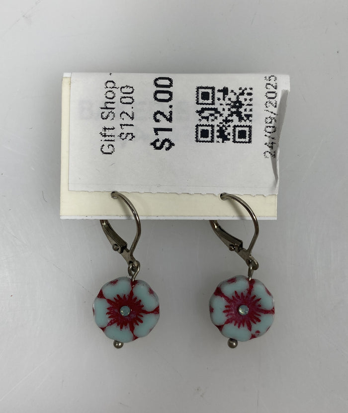 Baked Beads Silver Red and Blue Flower Dangle Earrings