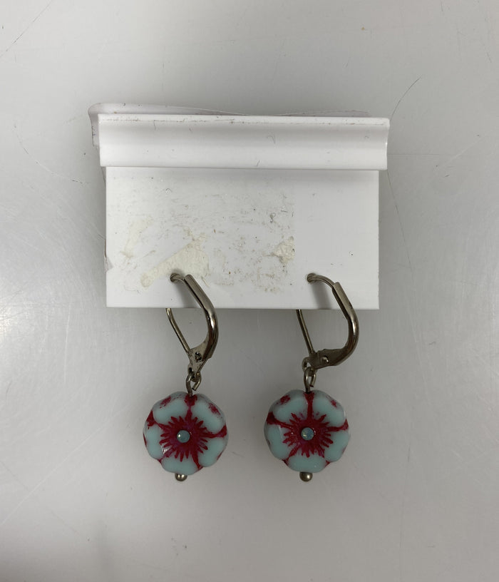 Baked Beads Silver Red and Blue Flower Dangle Earrings