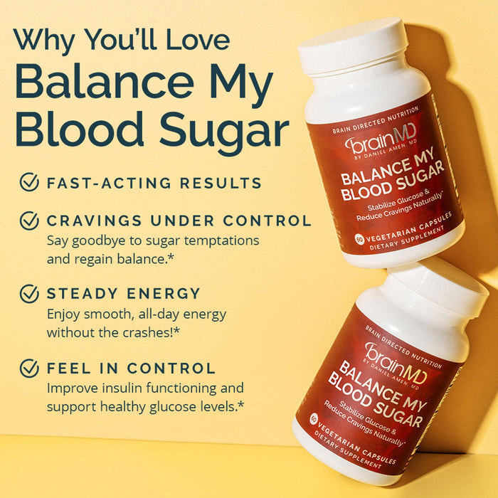 BrainMD Balance My Blood Sugar: infographic, two supplement bottles next to brief phrases highlighting supplement benefits