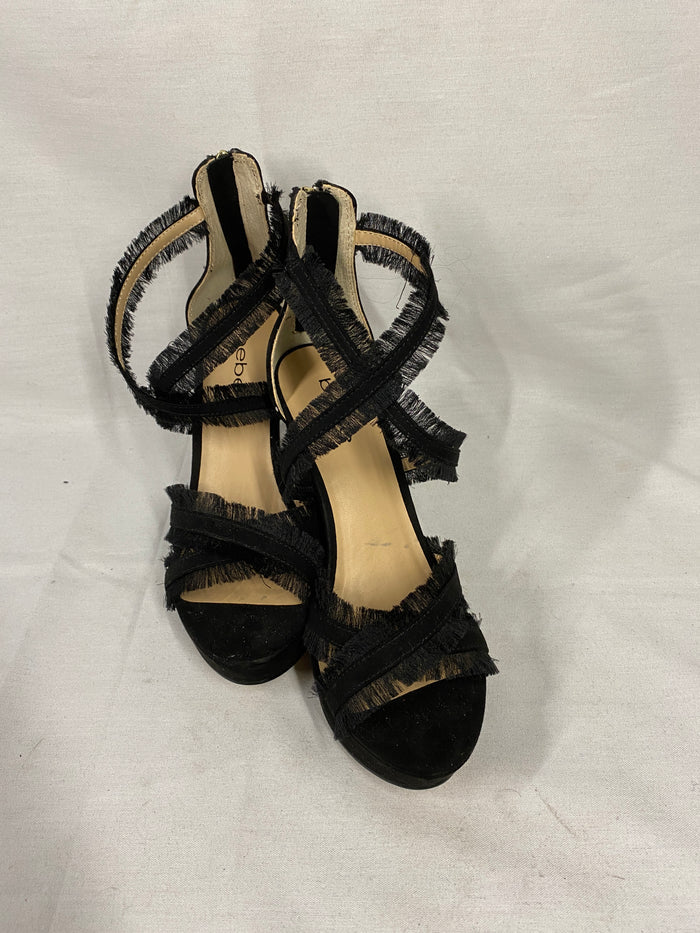 Bebe Black Strappy Wedge Pumps with Zippered Heel and Frayed Fabric Women's Size 8