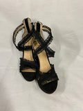 Bebe Black Strappy Wedge Pumps with Zippered Heel and Frayed Fabric Women's Size 8