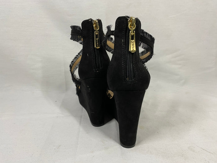 Bebe Black Strappy Wedge Pumps with Zippered Heel and Frayed Fabric Women's Size 8