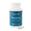 BrainMD Betaine TMG: blue supplement bottle with capsules at the base against a transparent background