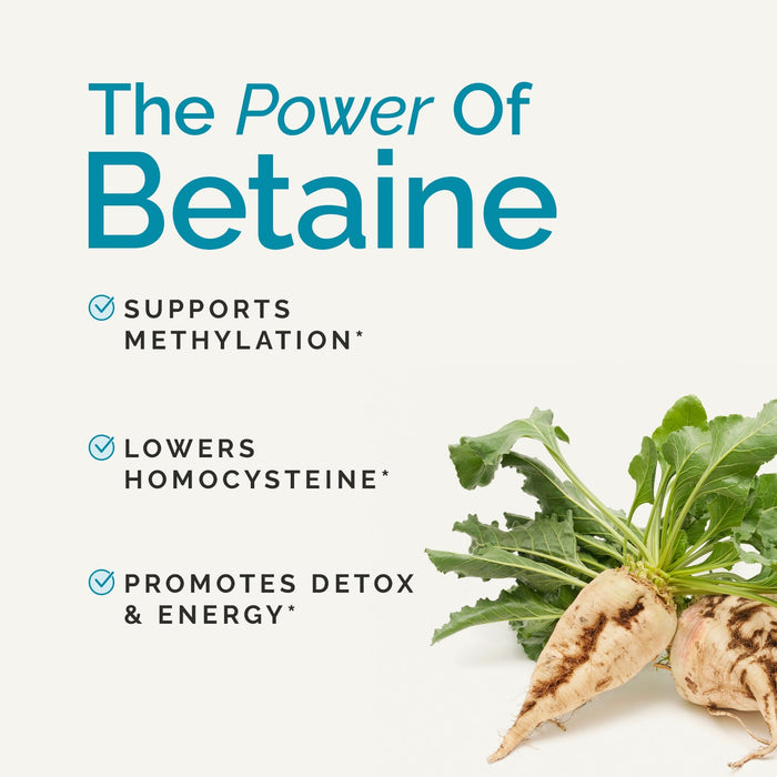 BrainMD Betaine TMG: infographic, root vegetable next to brief phrases highlighting product benefits