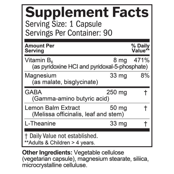 Supplement Facts box listing the ingredients in GABA Calming Support.