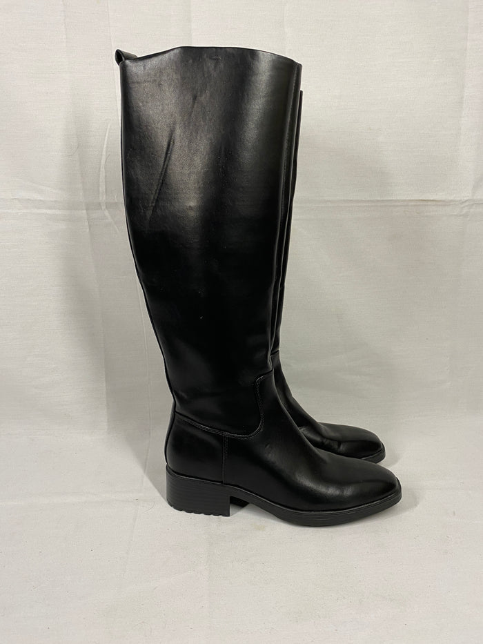 Black Nine West Barile Faux Leather Knee High Block Heel Boots Women's Size 6