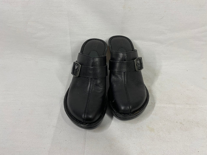 Born Black Leather Buckle Heeled Clogs Women's Size 6