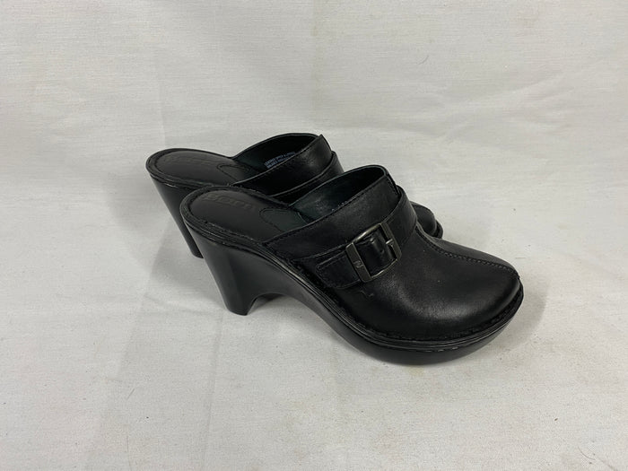 Born Black Leather Buckle Heeled Clogs Women's Size 6