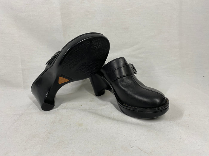 Born Black Leather Buckle Heeled Clogs Women's Size 6