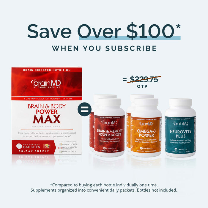 BrainMD supplement products with a subscription offer on a white background