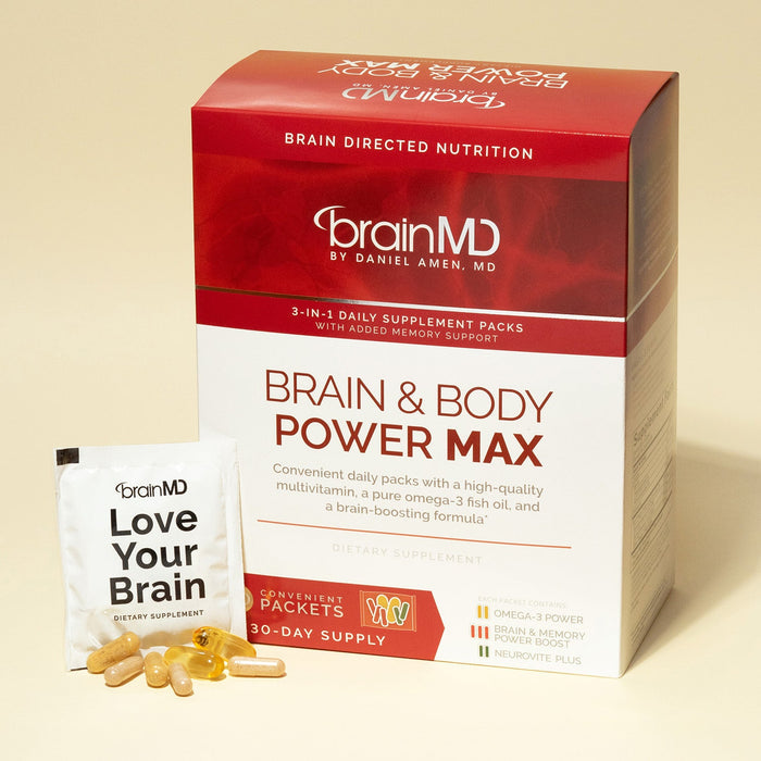 BrainMD Brain & Body Power MAX: red & white supplement box with daily pack and sample supplements against a yellow background