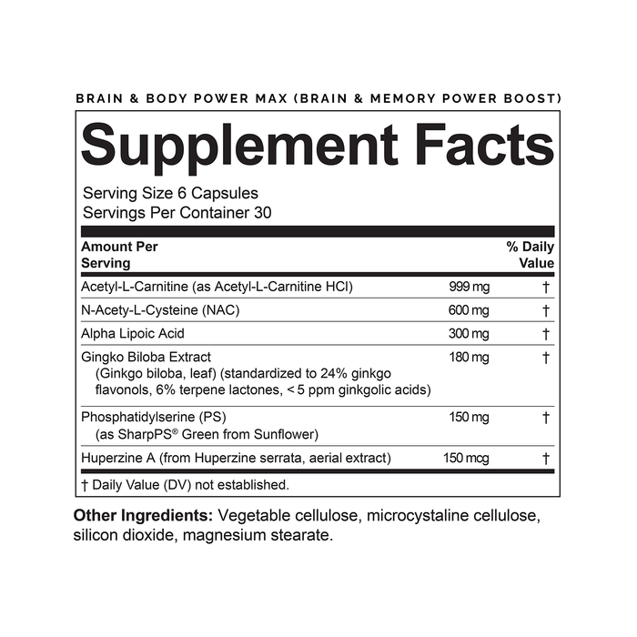 BrainMD Brain & Body Power MAX (Brain & Memory Power Boost): infographic, supplement facts box