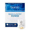 BrainMD supplement package for Brain & Body Power with blue and white design on a white background