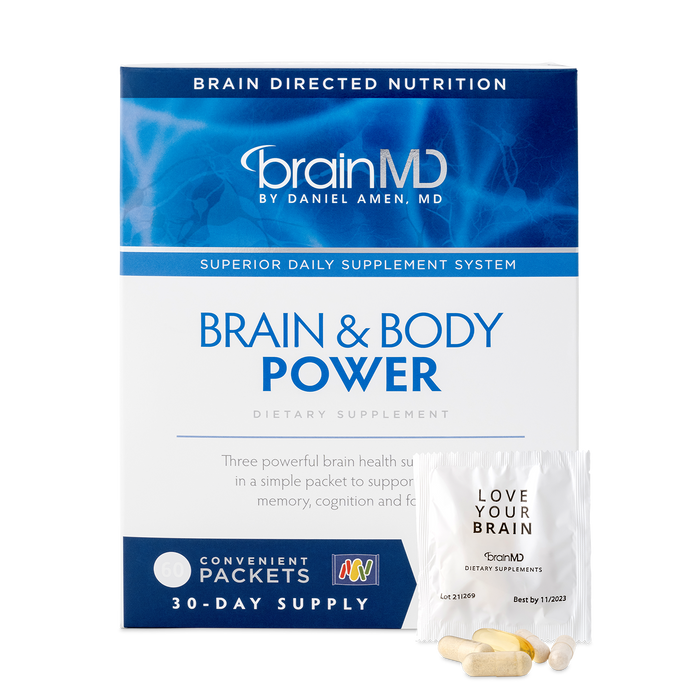 BrainMD supplement package for Brain & Body Power with blue and white design on a white background
