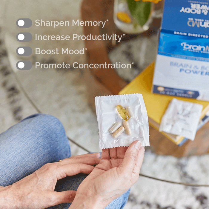 BrainMD Brain & Body Power: infographic, person holding a daily pack of supplements with 4 brief benefits of the product