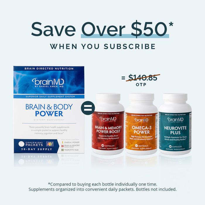 Brain & Body Power Supplement products with promotional text on a white background