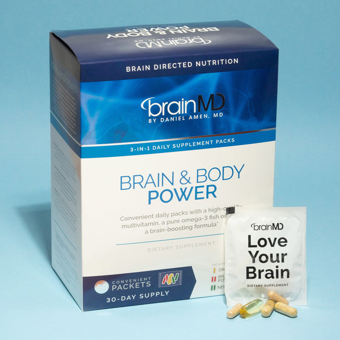 BrainMD Brain & Body Power: blue & white supplement box with daily pack and supplements against a light blue background