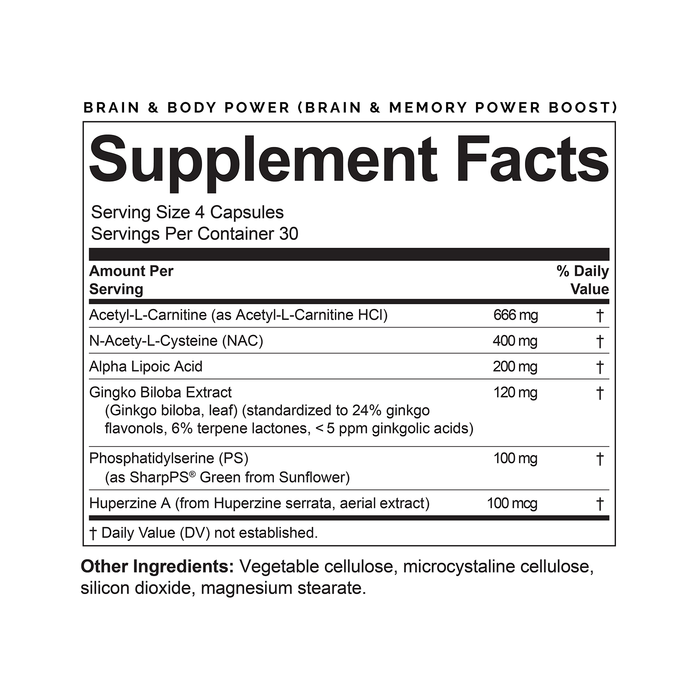 BrainMD Brain & Body Power (Brain & Memory Power Boost): infographic, supplement facts box