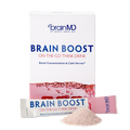 BrainMD Brain Boost On-The-Go: pink and white supplement box, packet and powder at the base, against a transparent background
