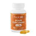 BrainMD Brain Curcumins: image of orange bottle and three yellow capsules at its base with transparent background