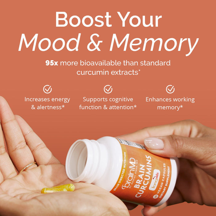 BrainMD Brain Curcumins: infographic, list of phrases highlighting product benefits above orange supplement bottle