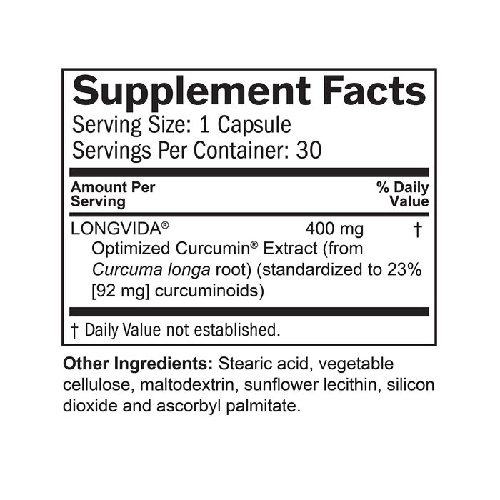 Supplement facts label for LONGVIDA Optimized Curcumin Extract on a white background