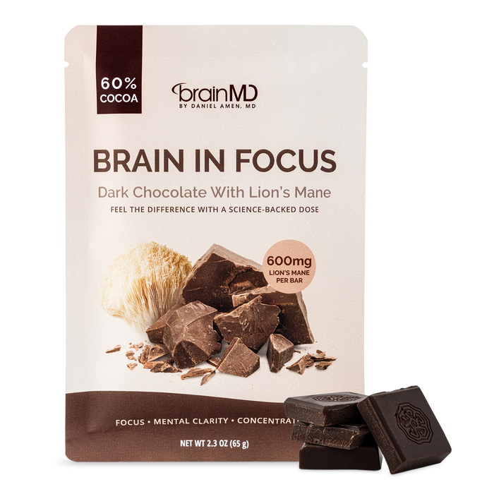 BrainMD Brain In Focus Chocolate: image of chocolate bar wrapper with sample squares against a transparent background