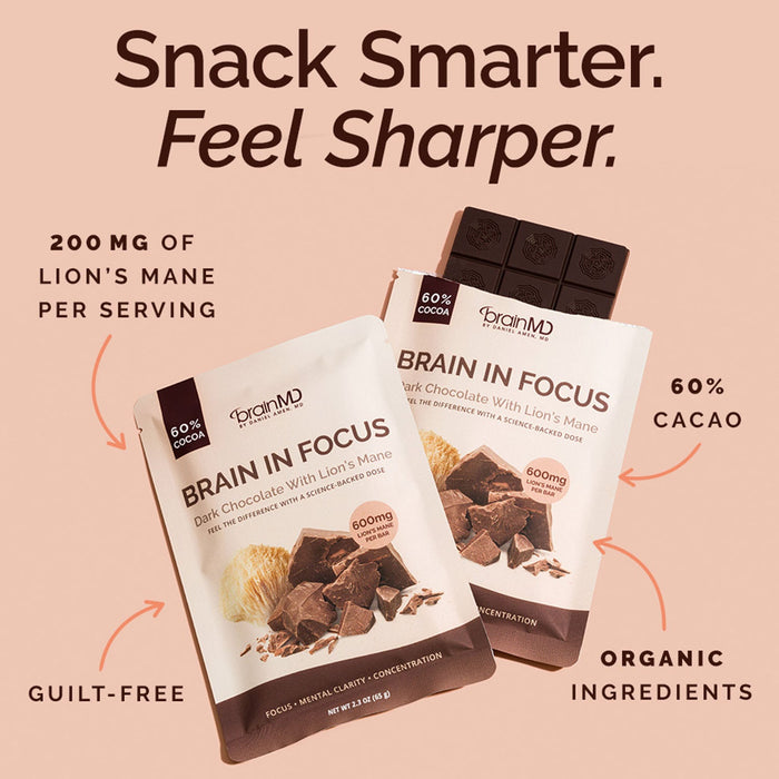 BrainMD Brain In Focus Chocolate: infographic, image of chocolate bars surrounded by brief phrases highlighting benefits
