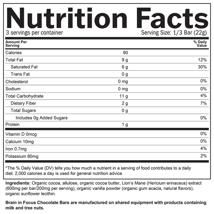 BrainMD Brain In Focus Chocolate: infographic, nutrition facts box