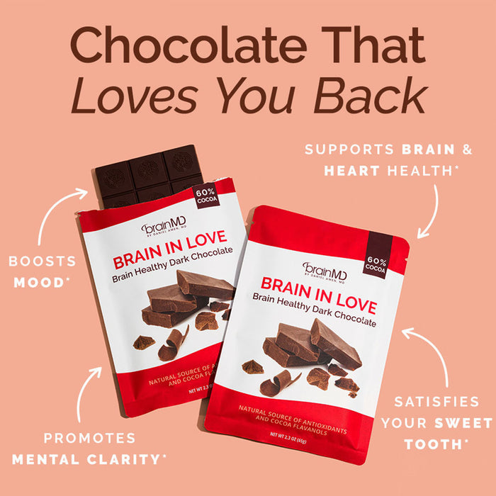 Infographic - one open and one sealed chocolate bar with headline and benefits against a coral background.