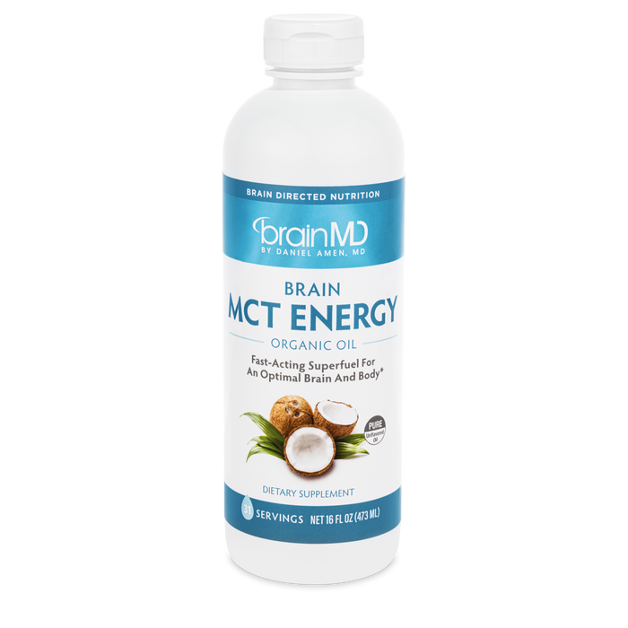 BrainMD Brain MCT Energy: blue and white supplement bottle against a transparent background