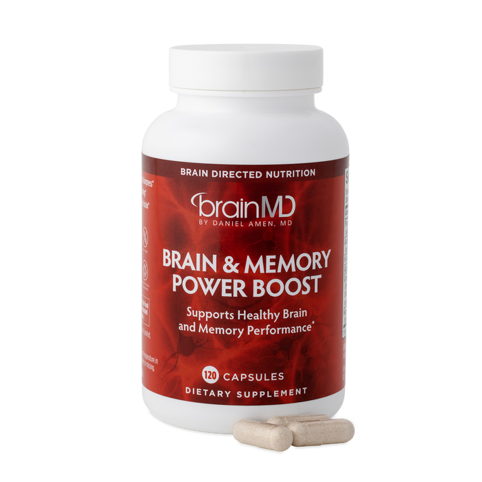 Supplement bottle labeled 'Brain & Memory Power Boost' by BrainMD on a white background