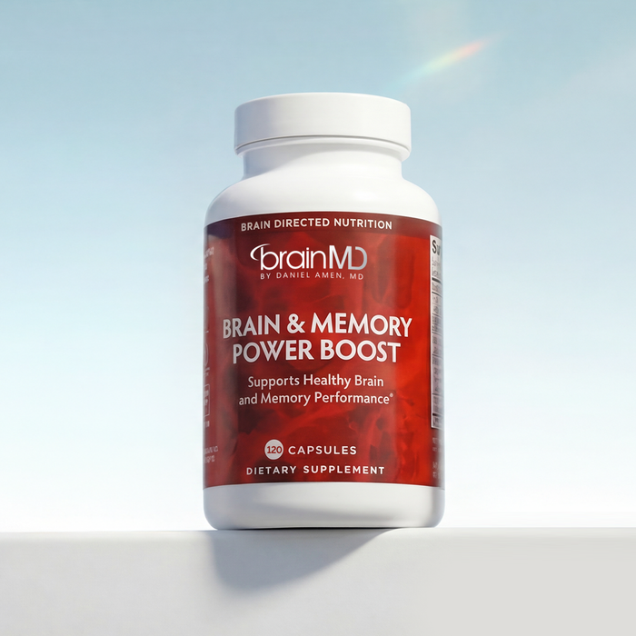 Supplement bottle labeled 'Brain & Memory Power Boost' by BrainMD on a white background