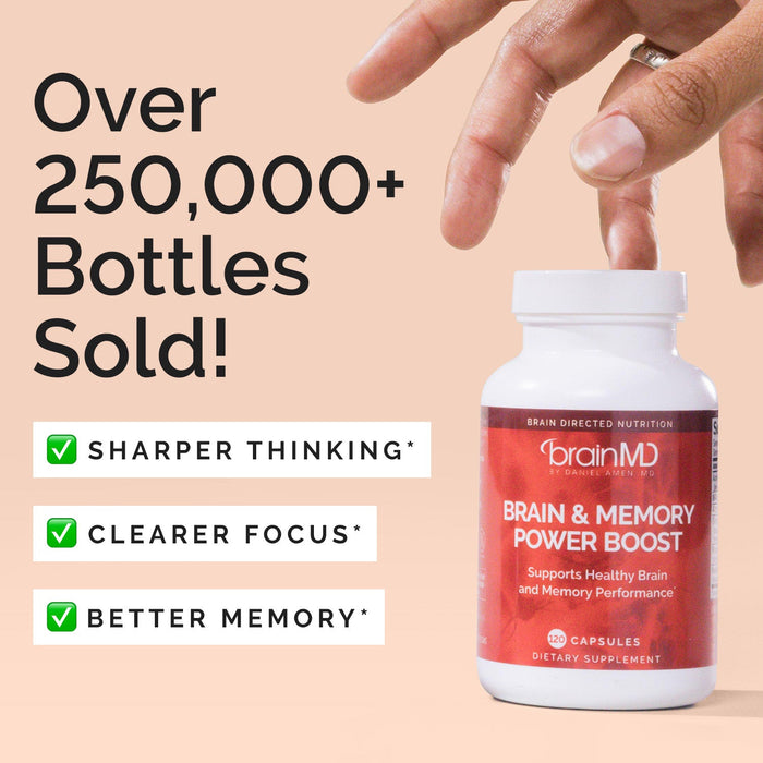 BrainMD Brain & Memory Power Boost: infographic, a hand reaching for a red supplement bottle next to a brief list of benefits