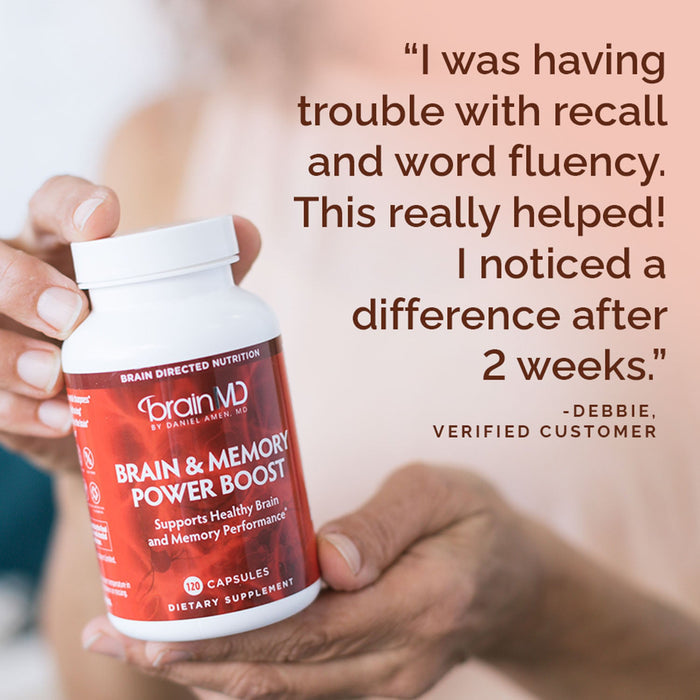 BrainMD Brain & Memory Power Boost: infographic, woman's hands holding a red supplement bottle next to a customer review
