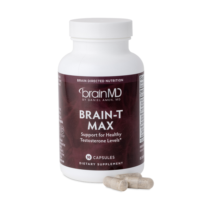 BrainMD Brain-T MAX: brown supplement bottle with capsules against a transparent background