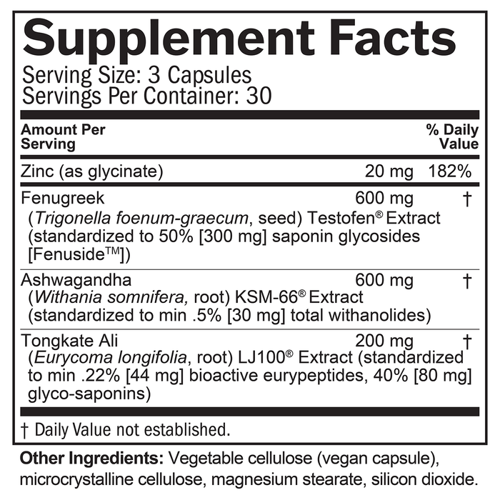 Supplement facts label with detailed ingredient list and serving sizes.
